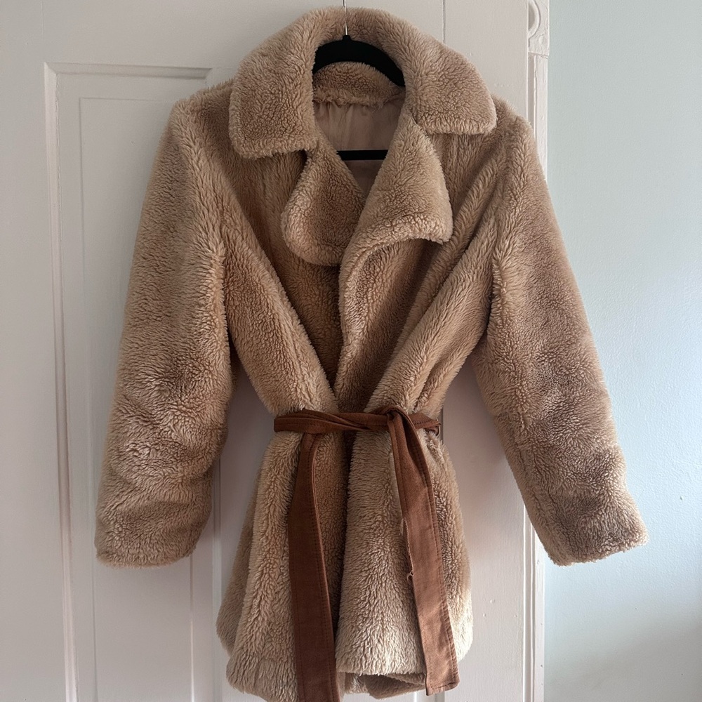 Sears Women's Cream Teddy Jacket with Brown Belt